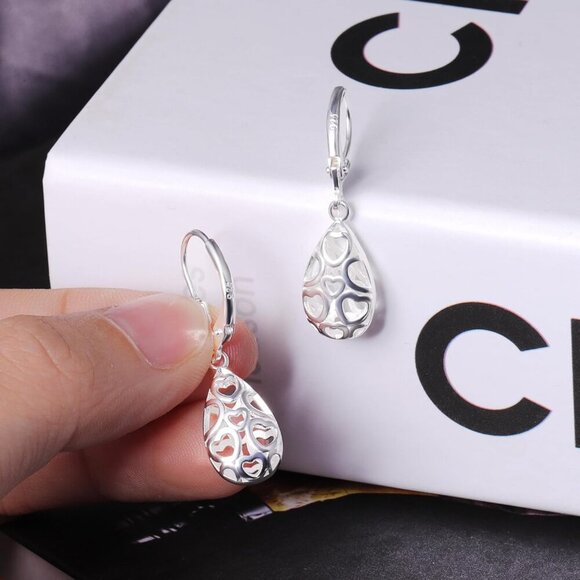 925 Sterling C-Silver Dainty Teardrop Dangle Leverback Trendy Earrings for Women - Picture 7 of 7